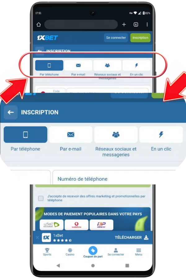 Choisissez votre méthode inscription 1xBet en ligne