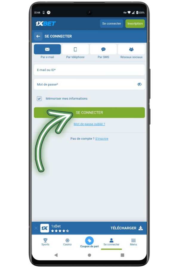 Saisissez vos identifiants 1xBet