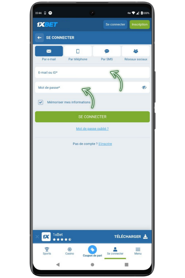 Trouvez le bouton de connexion 1xBet